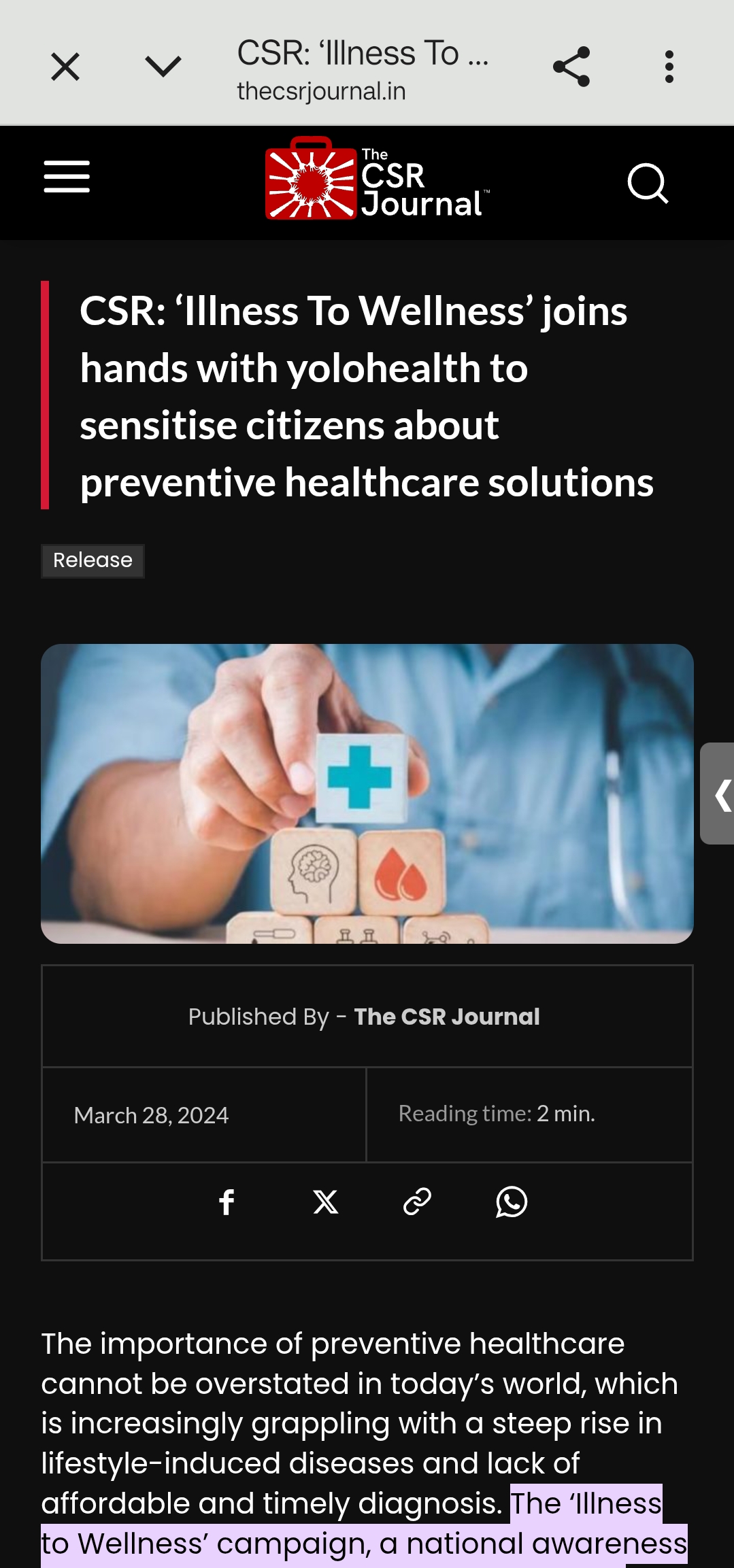 CSR: ‘Illness To Wellness’ joins hands with yolohealth to sensitise citizens about preventive healthcare solutions