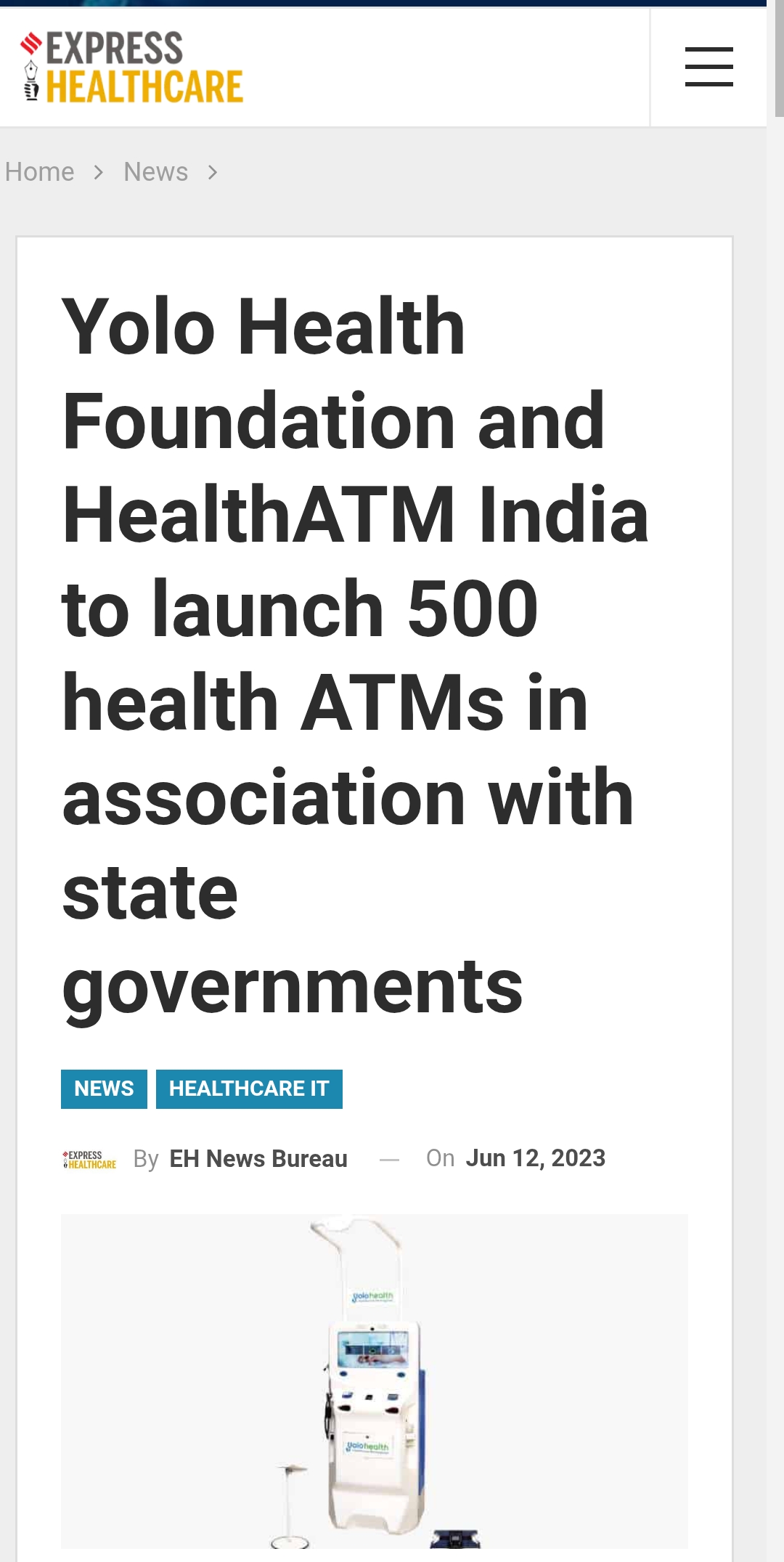 Yolo Health Foundation and HealthATM India to launch 500 health ATMs in association with state governments